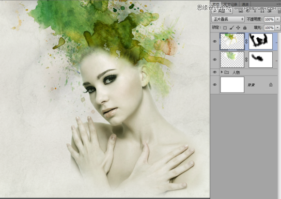 Photoshop合成美女头像抽象的水彩装饰效果15