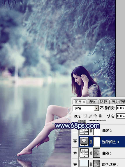 Photoshop打造唯美的青蓝色湖景人物图片24