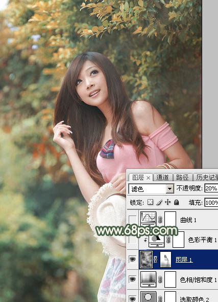 Photoshop绿树边的美女加上唯美的秋季红褐色11