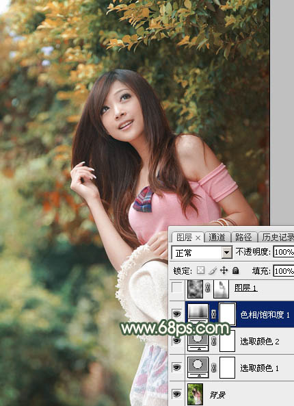 Photoshop绿树边的美女加上唯美的秋季红褐色10