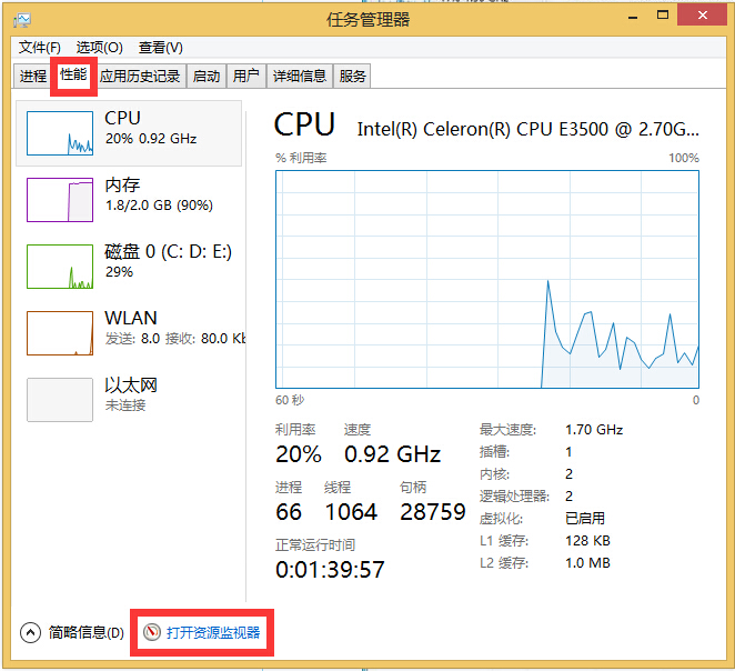 win8系统如何快速查看硬件资源和带宽使用情况1