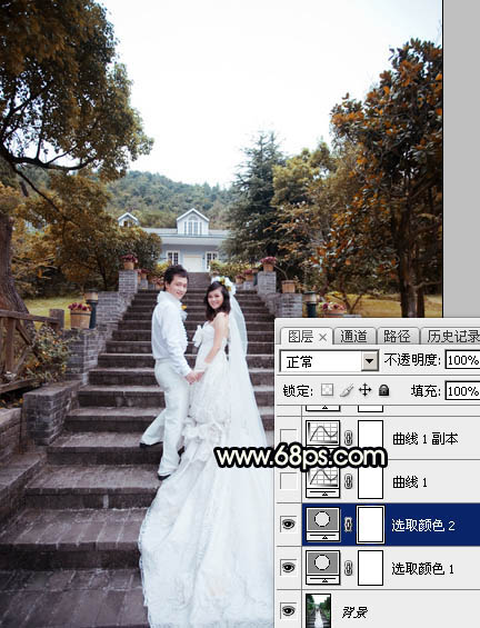 Photoshop给园林中的情侣加上暗调暖色霞光11