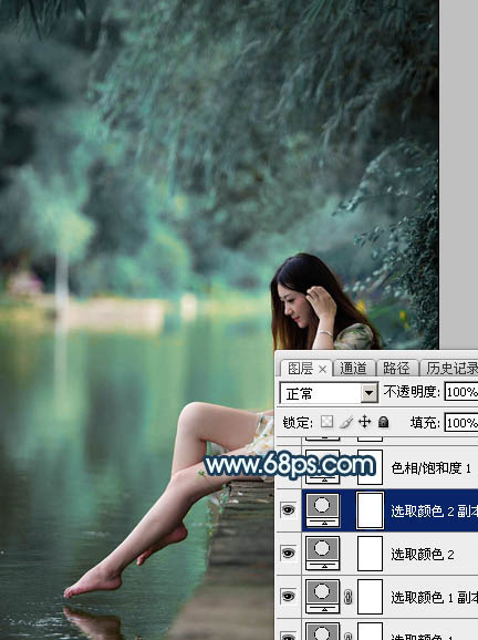 Photoshop给河边的人物加上唯美的暗调青蓝色10