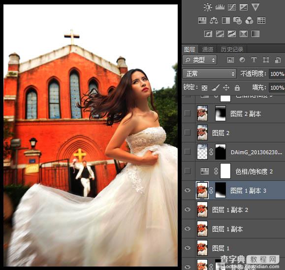 Photoshop打造暗冷色复古建筑婚片5