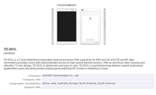 华为7D-501平板曝光 外形酷似苹果iPad Air1