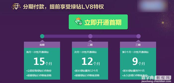 QQ绿钻分期付款活动地址 开15个月秒LV8 签到可领取5点成长值2