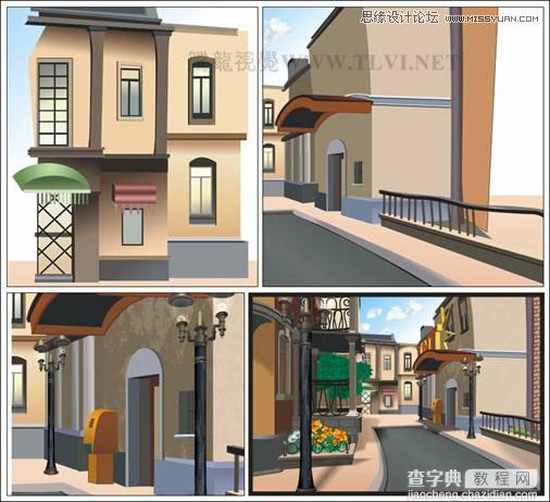 CorelDRAW绘制欧洲古典建筑风格的街道场景画面2