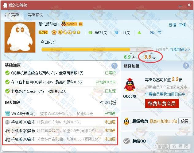 手机版qq音乐加速升级天数0.5*3天 最高每天加速8.8天1