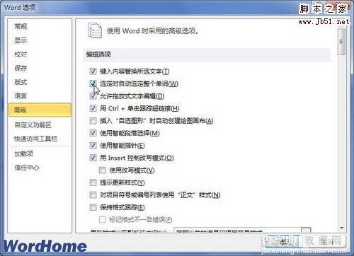 Word2010设置启用选定时自动选定整个单词功能的图文介绍2