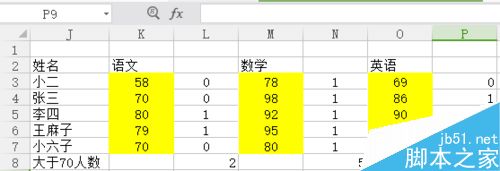 Excel利用if和sum函数求单科成绩大于70分的人数7