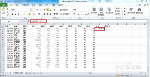 如何在Excel2010用函数计算成绩的总分与平均分?4