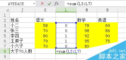 Excel利用if和sum函数求单科成绩大于70分的人数5