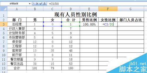 EXCEL员工花名册实时自动生成各部门性别比例方法介绍15