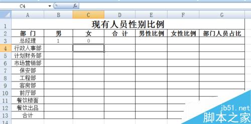 EXCEL员工花名册实时自动生成各部门性别比例方法介绍6