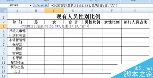 EXCEL员工花名册实时自动生成各部门性别比例方法介绍7