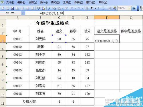 excel函数计算及格人数和合格人数2