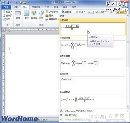 怎样在Word2010文档中插入内置公式1