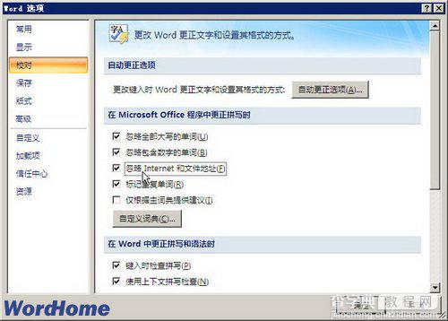 在Word2007中如何更正拼写时忽略Internet和文件地址2