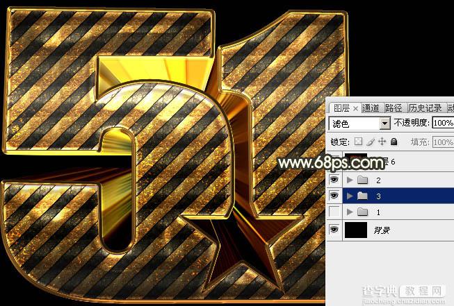 Photoshop制作超酷的条纹五一金色锈迹立体字34