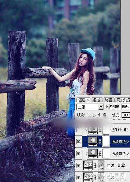 Photoshop为木桩边的美女人物加上高对比蓝黄色效果教程23