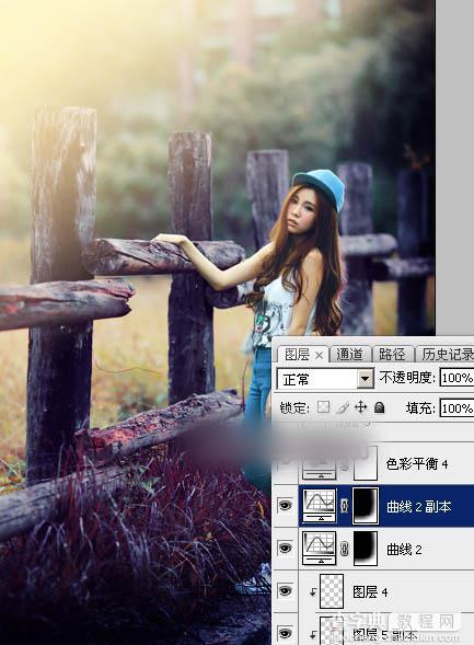 Photoshop为木桩边的美女人物加上高对比蓝黄色效果教程57