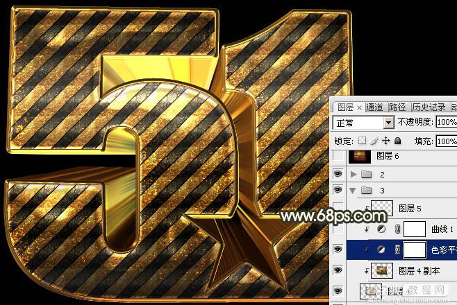 Photoshop制作超酷的条纹五一金色锈迹立体字31