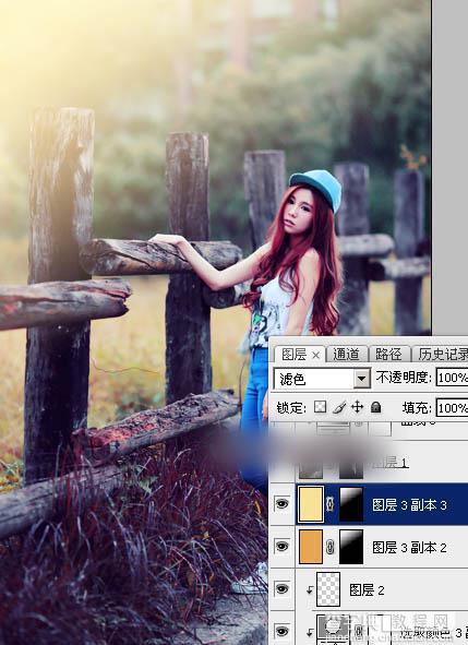 Photoshop为木桩边的美女人物加上高对比蓝黄色效果教程35