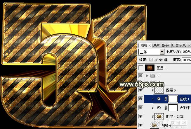 Photoshop制作超酷的条纹五一金色锈迹立体字33