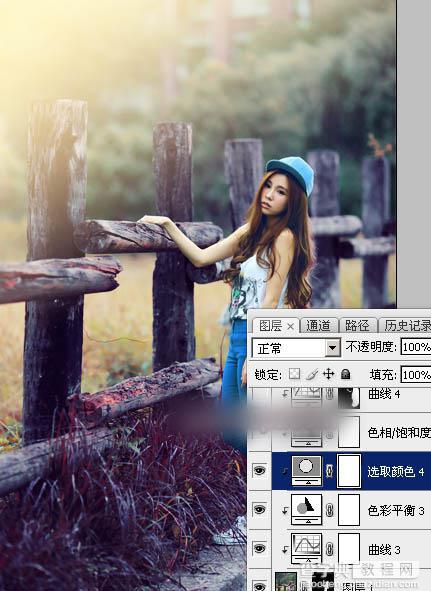 Photoshop为木桩边的美女人物加上高对比蓝黄色效果教程49
