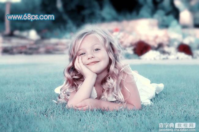 Photoshop将绿地上的儿童照片调成柔美的中性青红色23