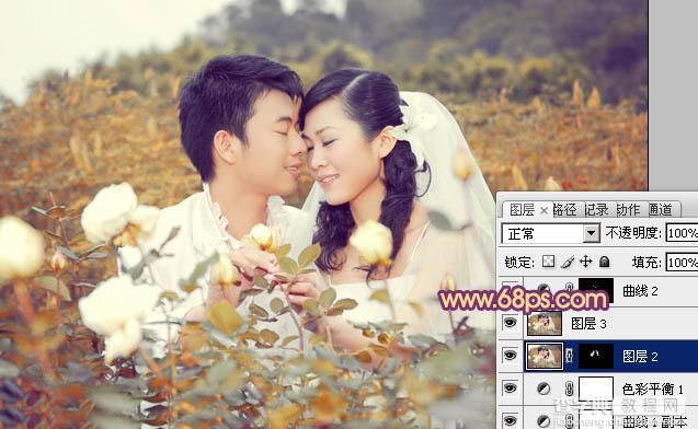 Photoshop为玫瑰园中的情侣图片增加经典橙褐色22