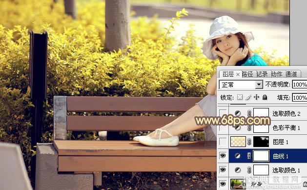 Photoshop为公园美女图片调制出唯美的淡黄回忆色10