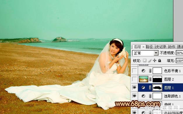 Photoshop将沙滩美女婚片调制出柔美的青黄色效果14