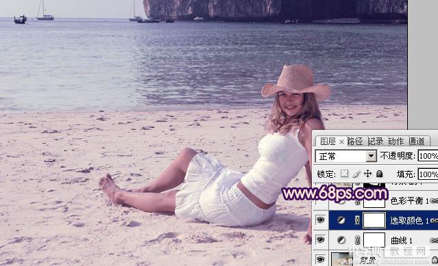 Photoshop为海滩上的美女图片增加上淡紫霞光色9