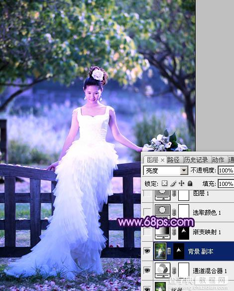 Photoshop中将树林美女婚片调成唯美的绿紫色6
