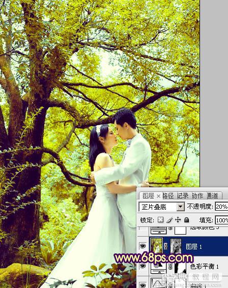 Photoshop为树林婚片加上柔和的黄绿色效果教材20