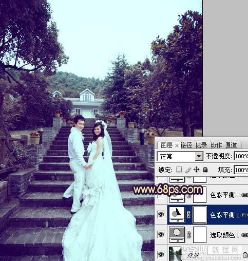 Photoshop为公园婚片加上柔美的暗调蓝紫色效果12