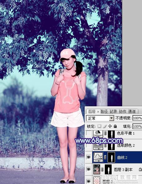 Photoshop为外景美女图片增加上流行的韩系粉蓝色效果21