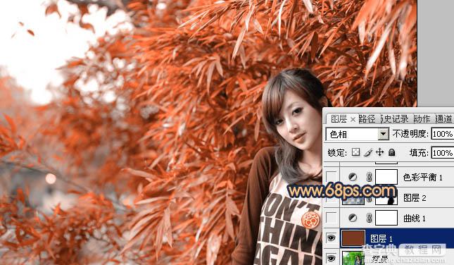 Photoshop将竹林美女图片调制出甜美的橙红色效果3