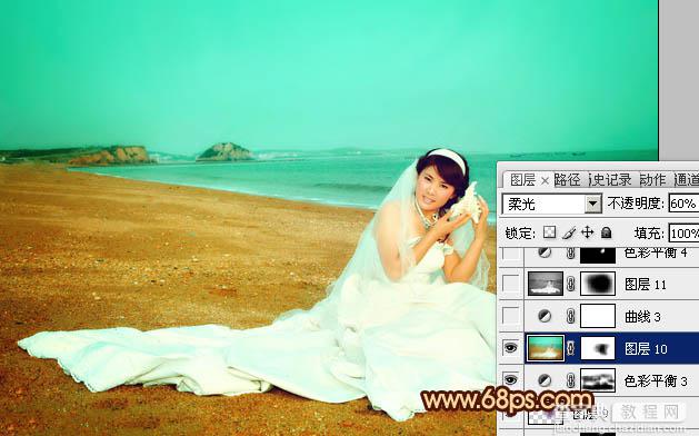 Photoshop将沙滩美女婚片调制出柔美的青黄色效果27