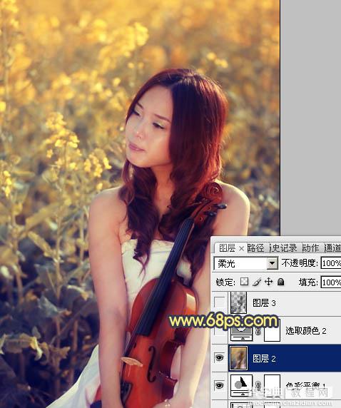 Photoshop将菜田美女图片调成柔美的古典暖色调14