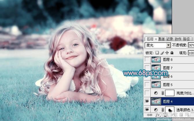 Photoshop将绿地上的儿童照片调成柔美的中性青红色24