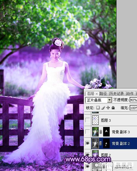 Photoshop中将树林美女婚片调成唯美的绿紫色23