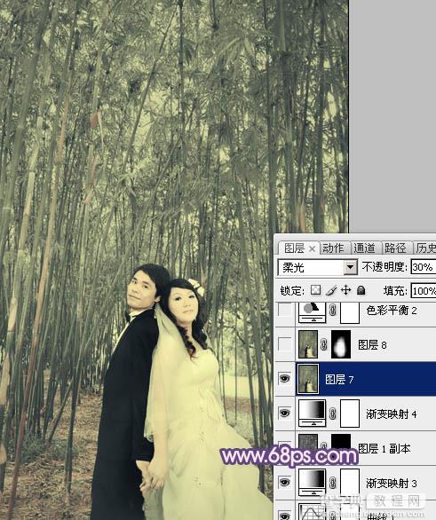 Photoshop将竹林人物图片调成柔和的蓝紫色24