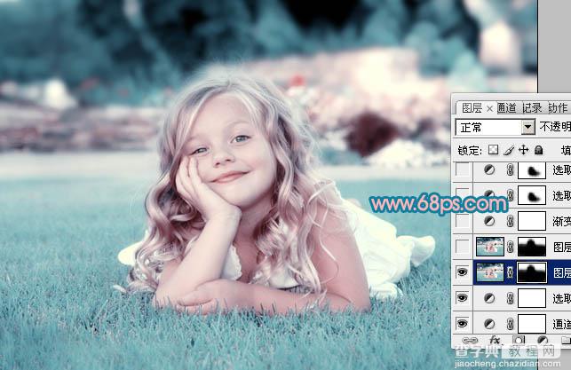 Photoshop将绿地上的儿童照片调成柔美的中性青红色18