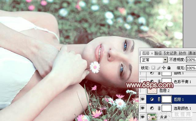 Photoshop将草地美女图片调制出流行的欧美粉褐色效果8