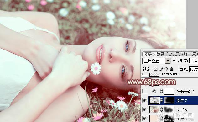 Photoshop将草地美女图片调制出流行的欧美粉褐色效果23