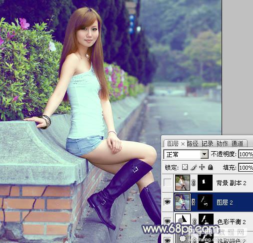 Photoshop将外景美女图片调制出流行的甜美蓝绿色24