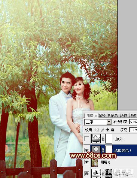 Photoshop将树林婚片打造出甜美的青黄色效果25