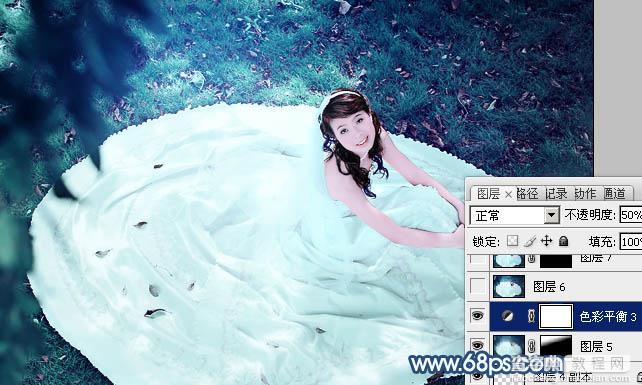 Photoshop将草地婚纱美女调制出流行的青蓝色29